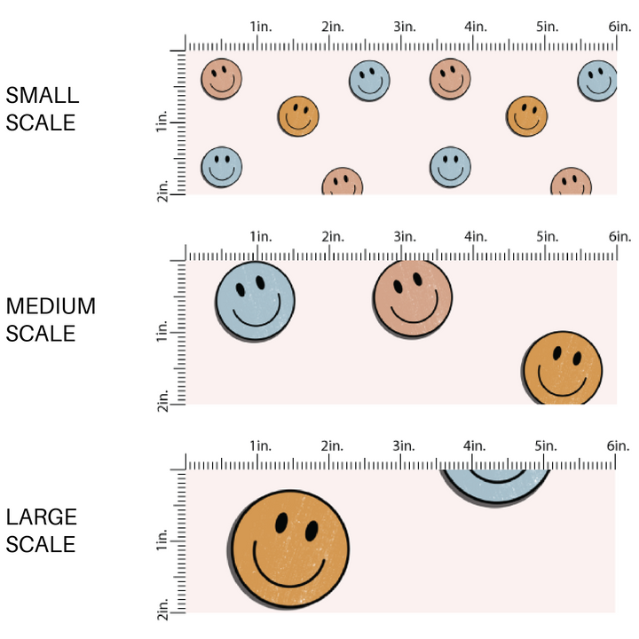 Mustard, Blue, and copper smiley faces on a cream fabric scaled image guide