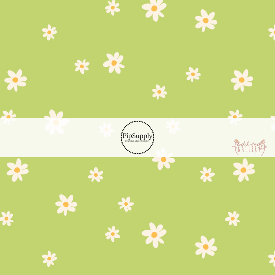 Lime green fabric by the yard with white scattered daisies