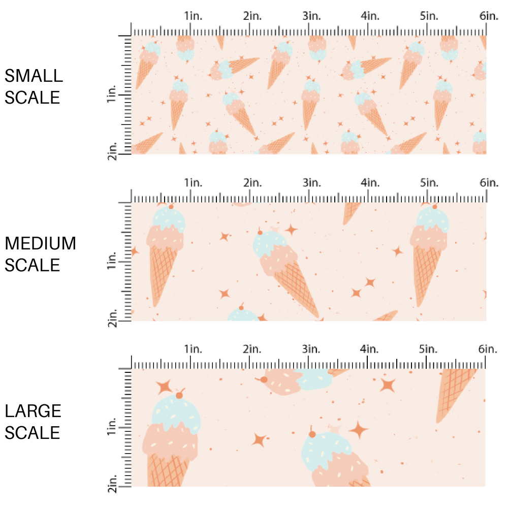 Cream fabric by the yard scaled image guide with scattered ice cream cones and stars.