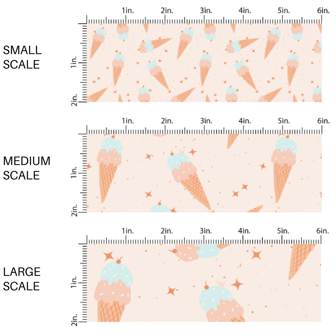 Cream fabric by the yard scaled image guide with scattered ice cream cones and stars.