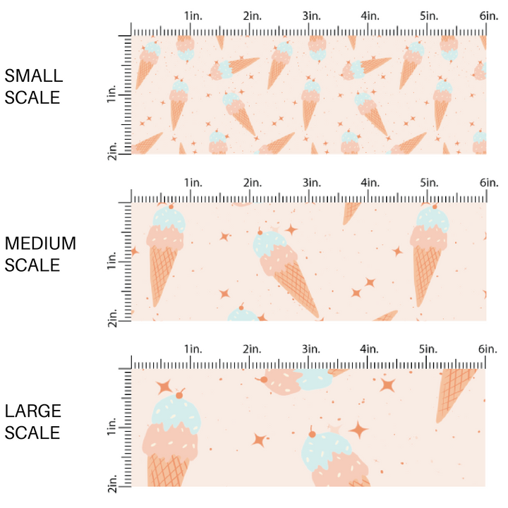 Cream fabric by the yard scaled image guide with scattered ice cream cones and stars.