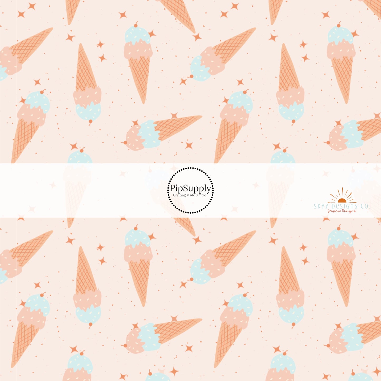 Cream fabric by the yard with scattered ice cream cones and stars.
