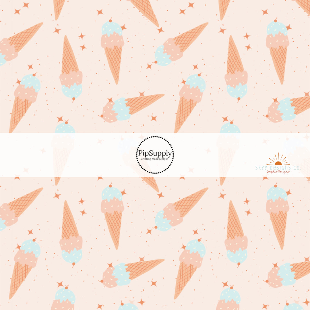 Cream fabric by the yard with scattered ice cream cones and stars.