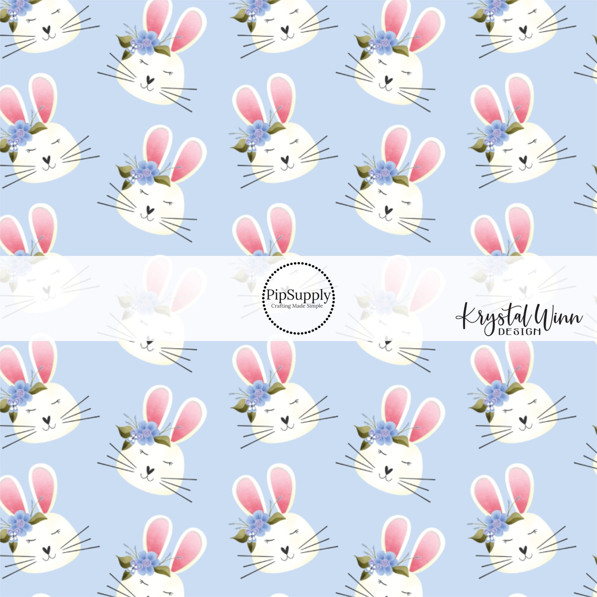 blue fabric by the yard with scattered white bunny rabbits and flowers - Easter Bunny Fabric 