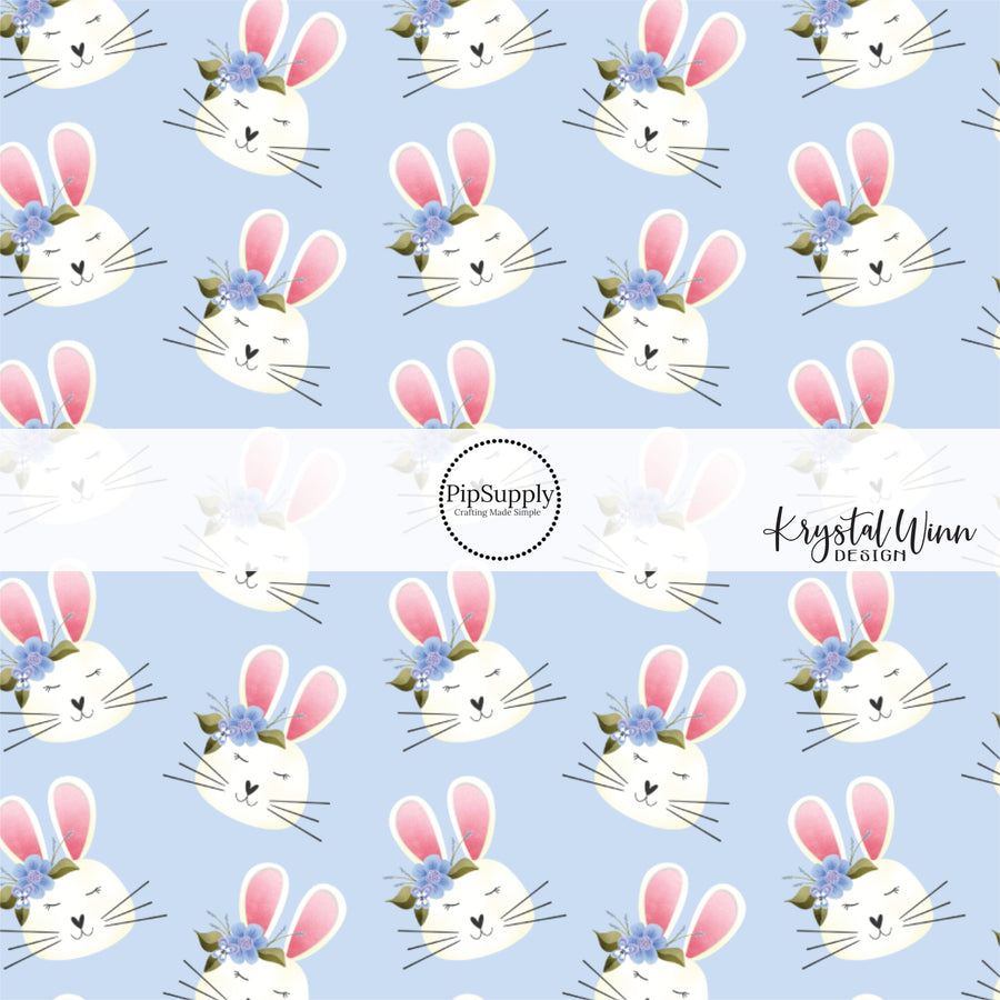 blue fabric by the yard with scattered white bunny rabbits and flowers - Easter Bunny Fabric 