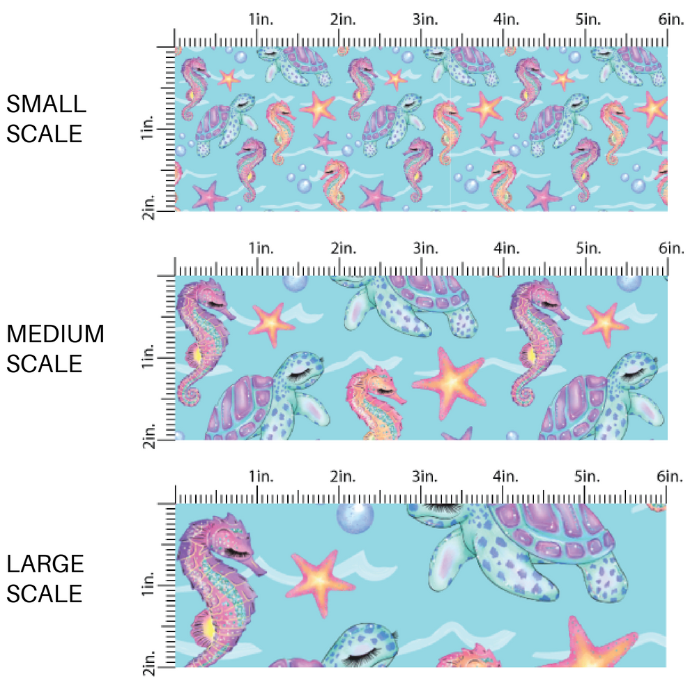 Blue fabric by the yard scaled image guide with sea turtles, starfish, and bubbles.