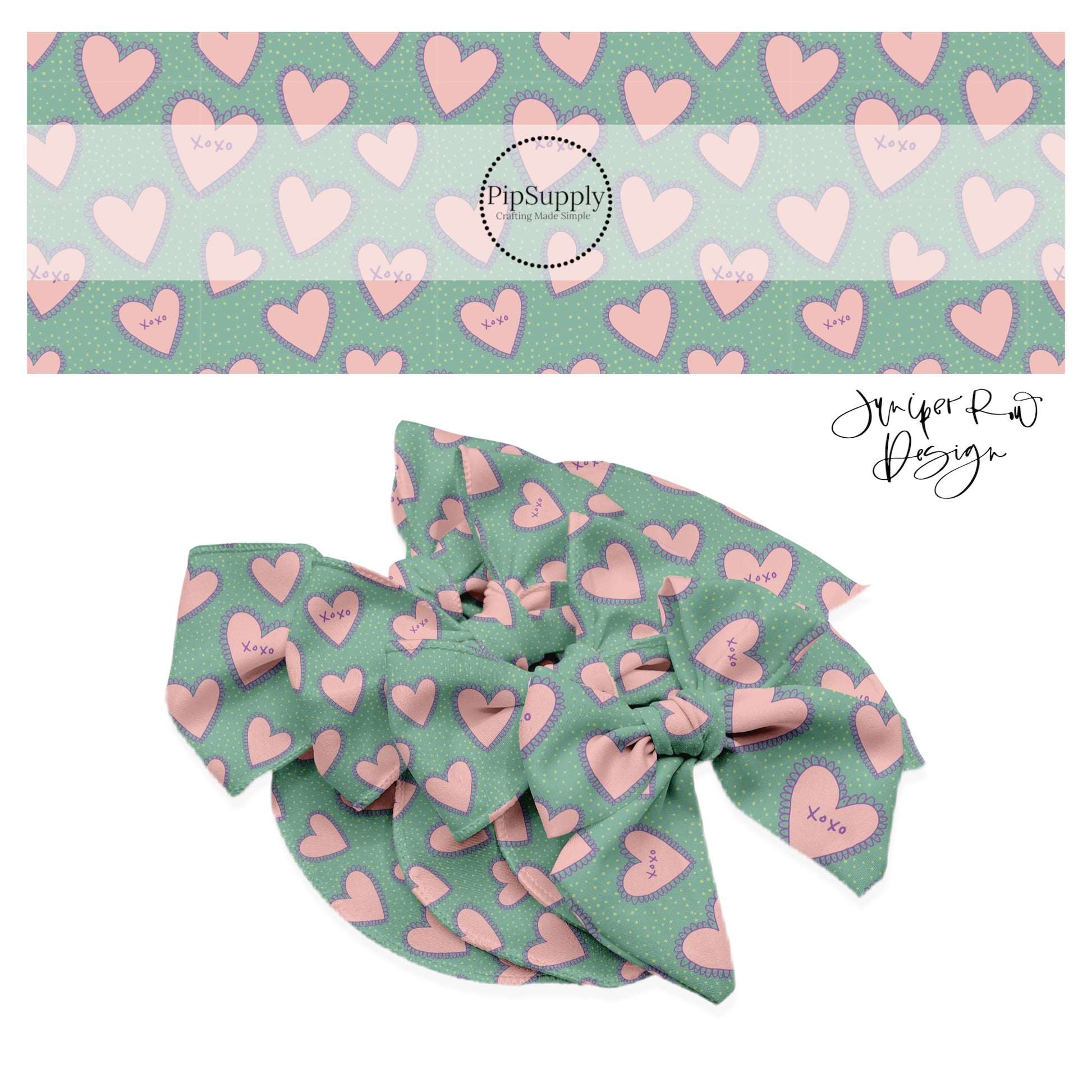 Seafoam with white polka dots and pink hearts on bow strips