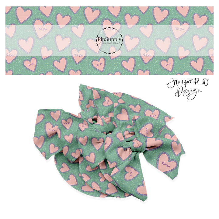 Seafoam with white polka dots and pink hearts on bow strips