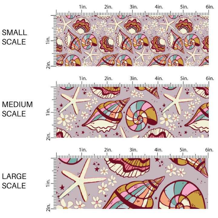Lilac purple fabric by the yard scaled image guide with conch shells and starfish.