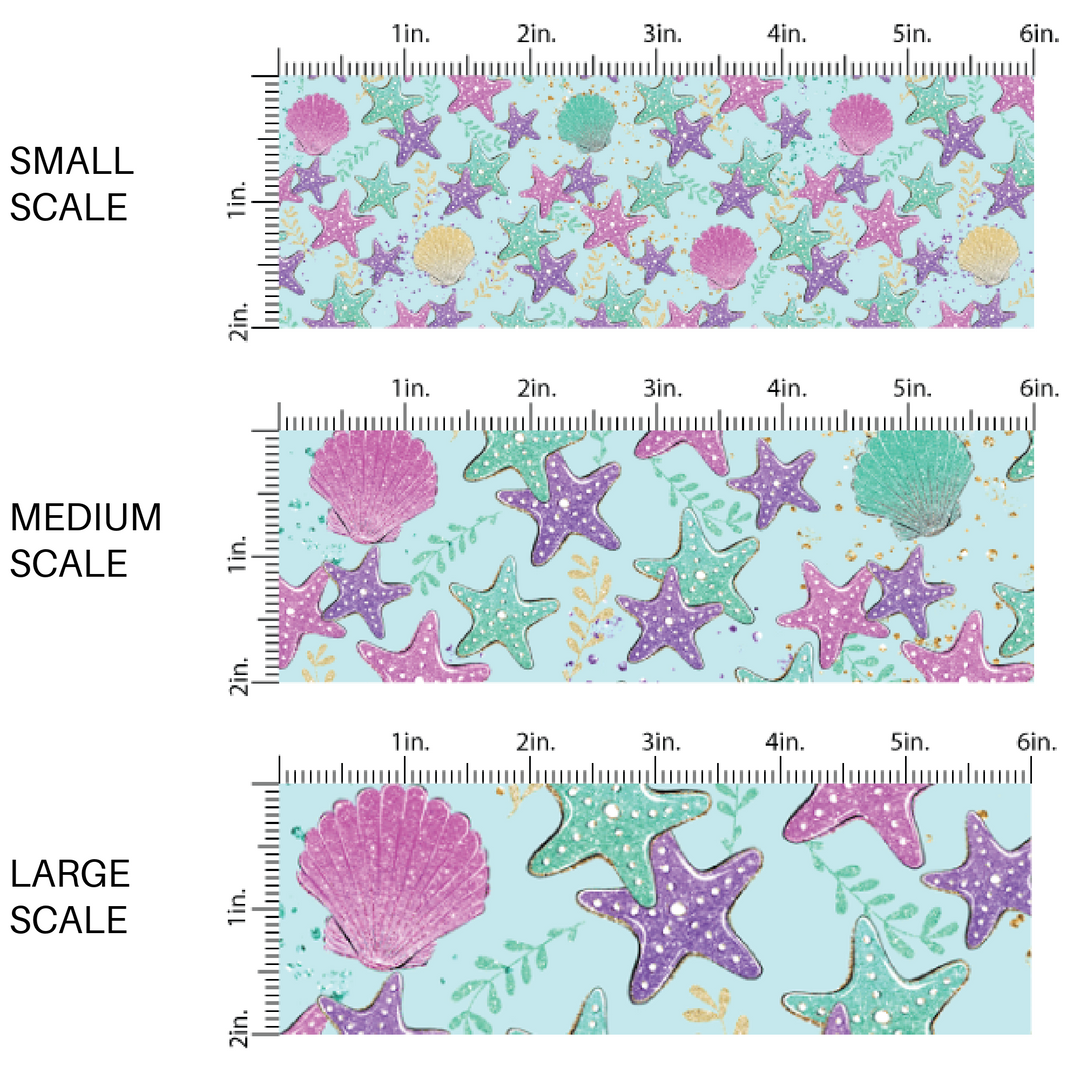 Aqua fabric by the yard scaled image guide with vibrant pink, yellow, and teal seashells and starfish.