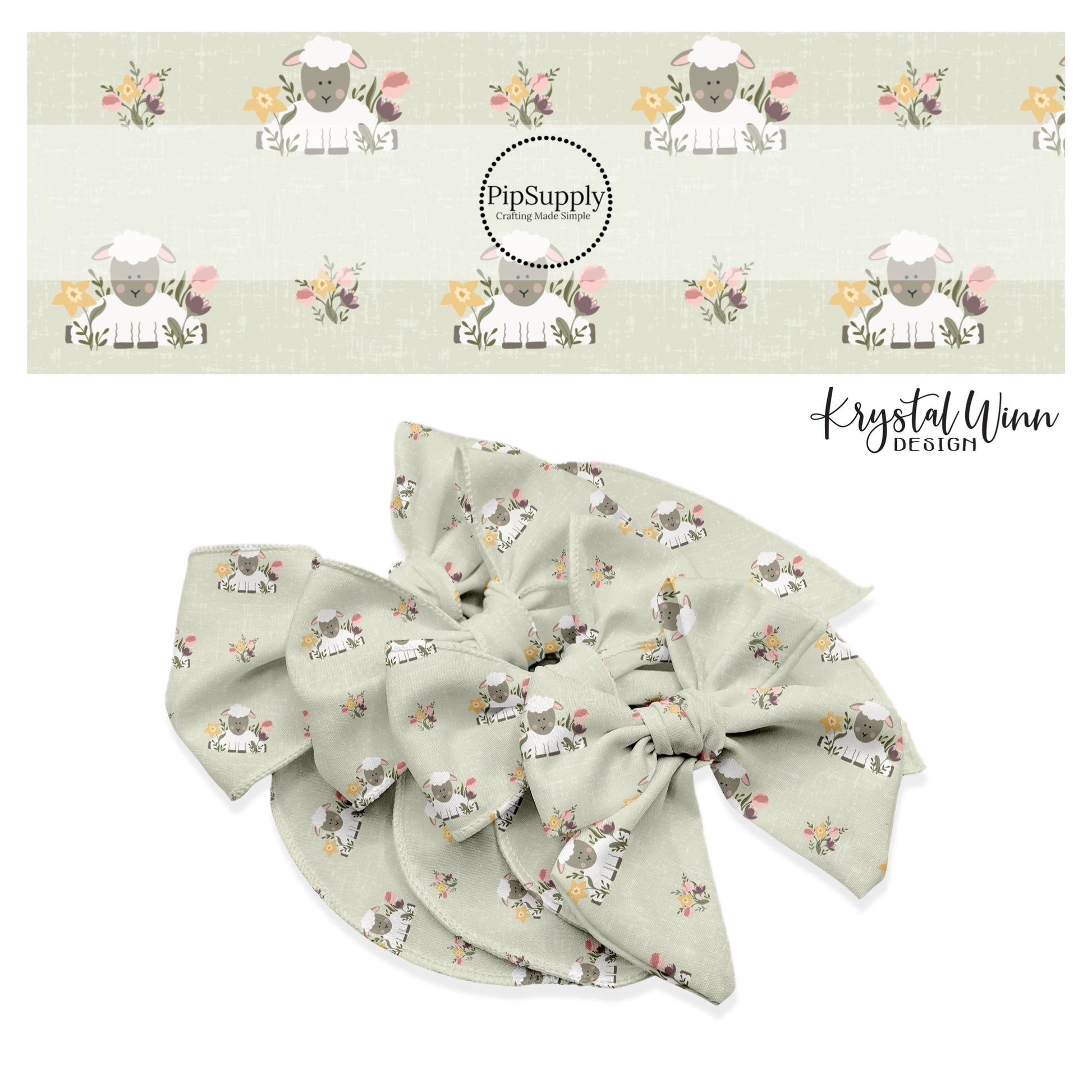 Baby white sheep with blushing cheeks and gray face in a field of yellow, pink, and purple flowers on a sage distressed bow strip