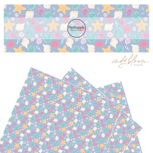 Blue and pink seashells with starfish faux leather sheet.
