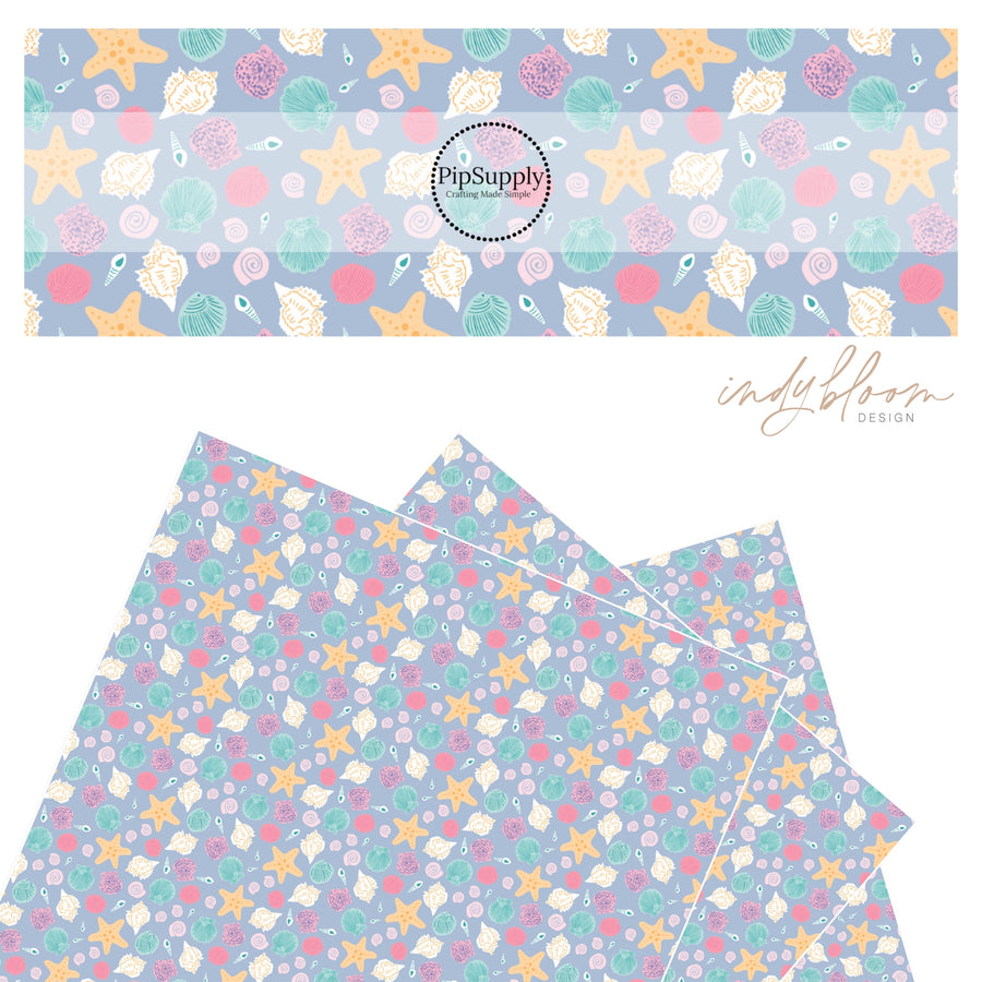 Blue and pink seashells with starfish faux leather sheet.