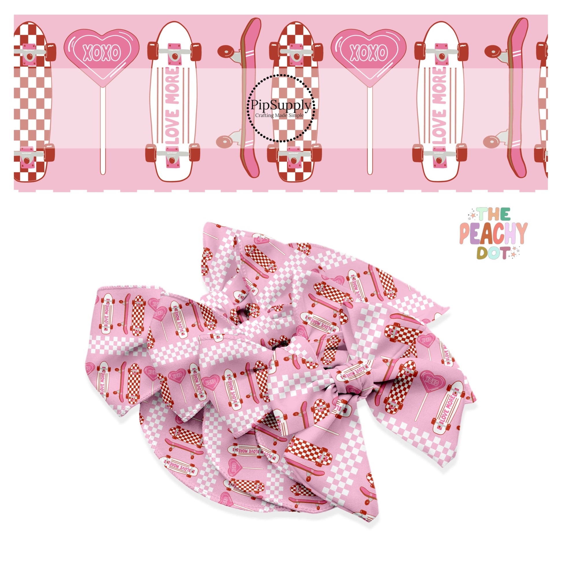 Vertical checkered skateboards on pink bow strips