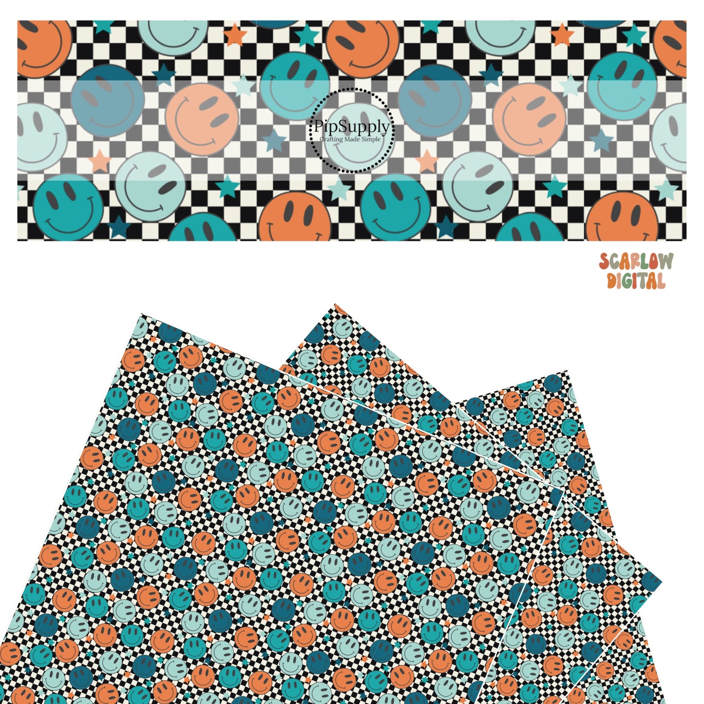 Orange, teal, turquoise, and light blue smiley faces with matching colored stars on black and white checker faux leather sheets