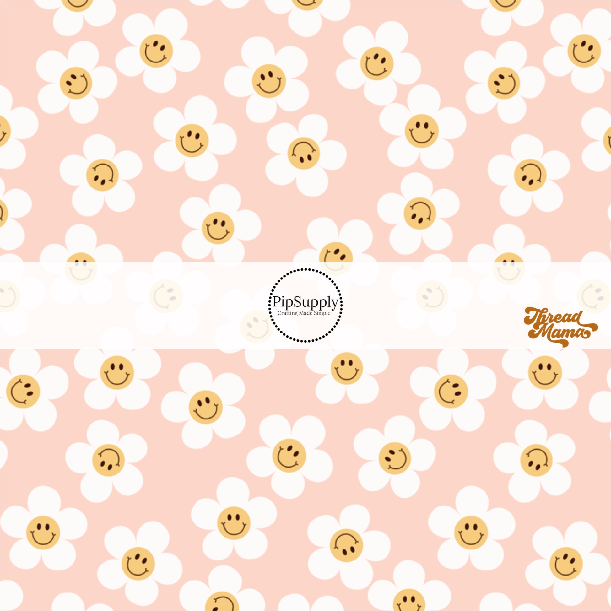 Orange smiley faces on white daisies on a pink bow strip