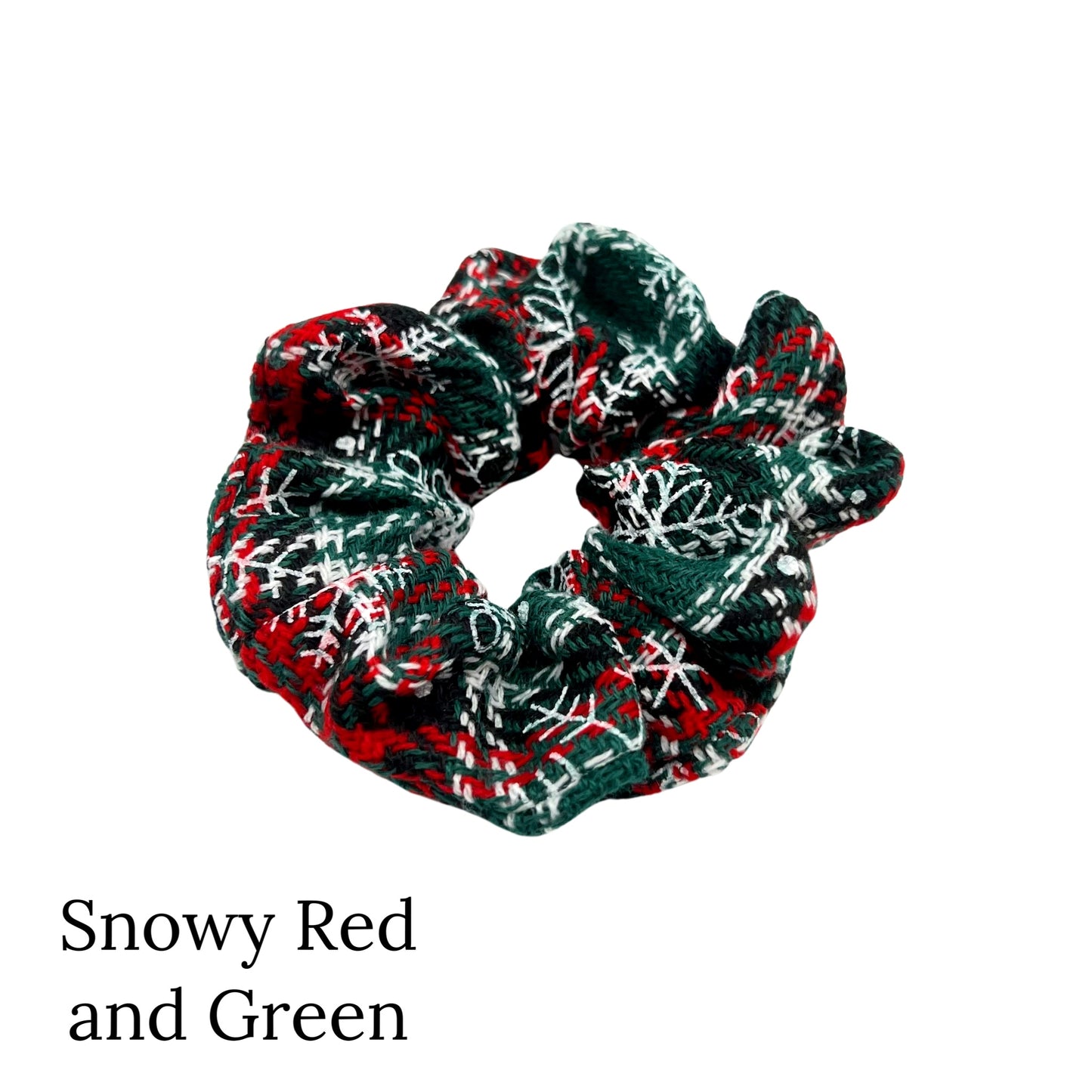 Red and Green plaid scrunchie with white snowflakes