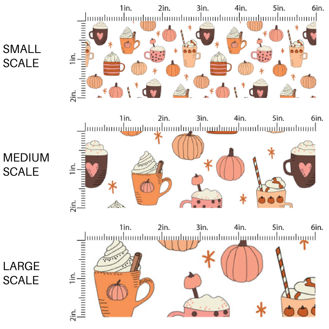 Cream, brown, and orange pumpkin spices, pumpkins, stripes, and dots high quality fabric adaptable for all your crafting needs. Make cute baby headwraps, fun girl hairbows, knotted headbands for adults or kids, clothing, and more!