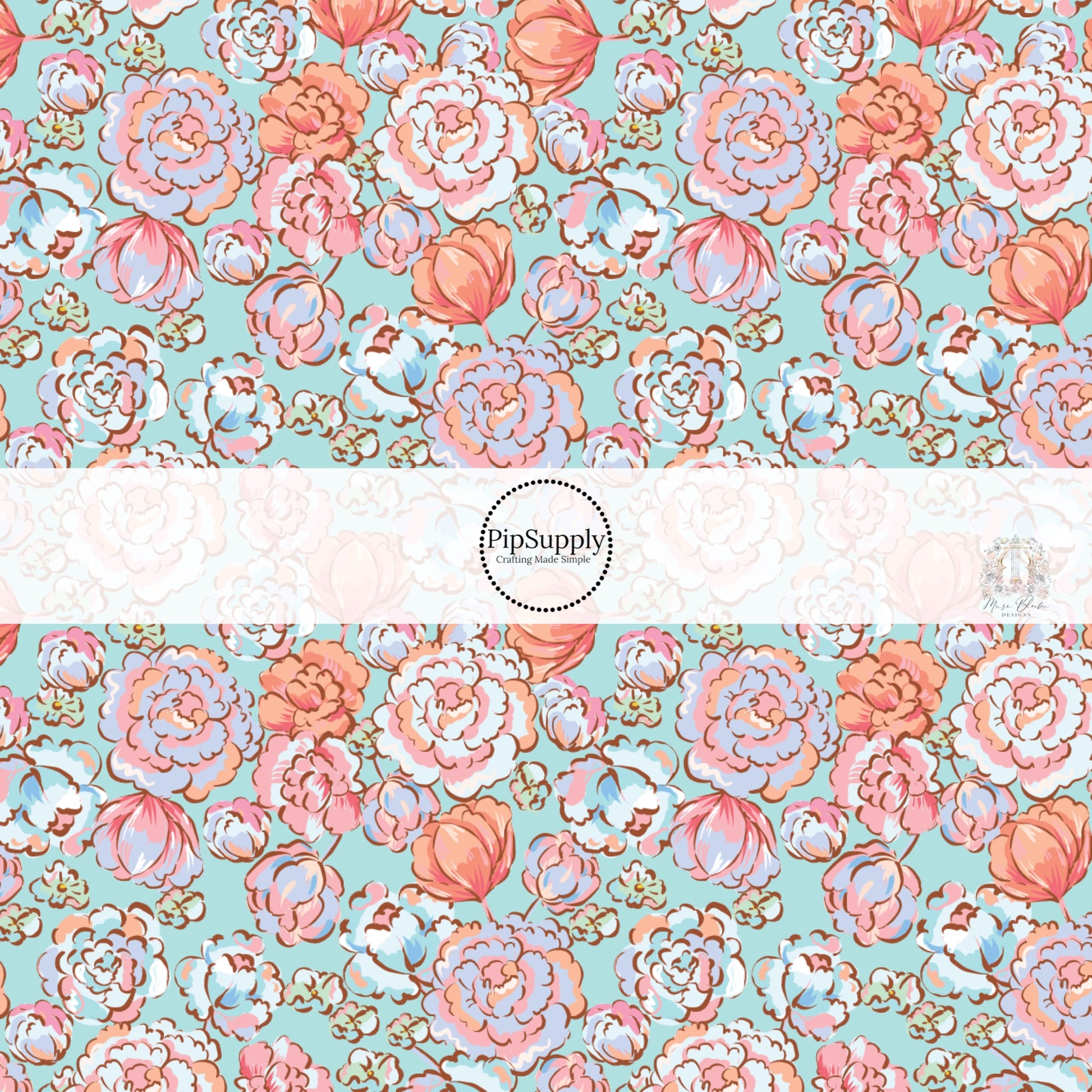 Light pink and peach floral prints on Aqua Fabric By The Yard