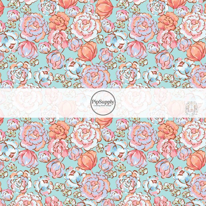 Light pink and peach floral prints on Aqua Fabric By The Yard