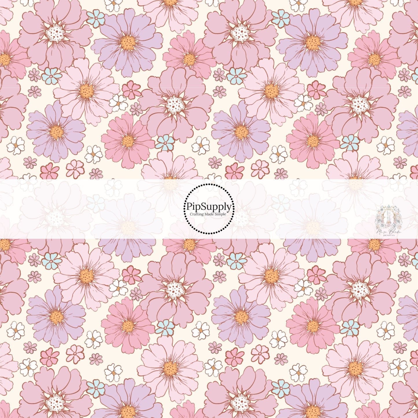 Pink and purple floral prints on cream fabric by the yard - Easter floral fabric 