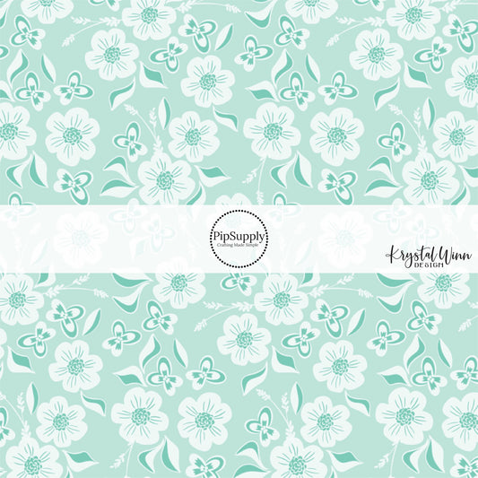 Aqua Fabric by the yard with light blue floral designs