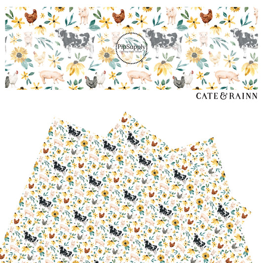 chickens cows and pigs with flowers faux leather sheet.