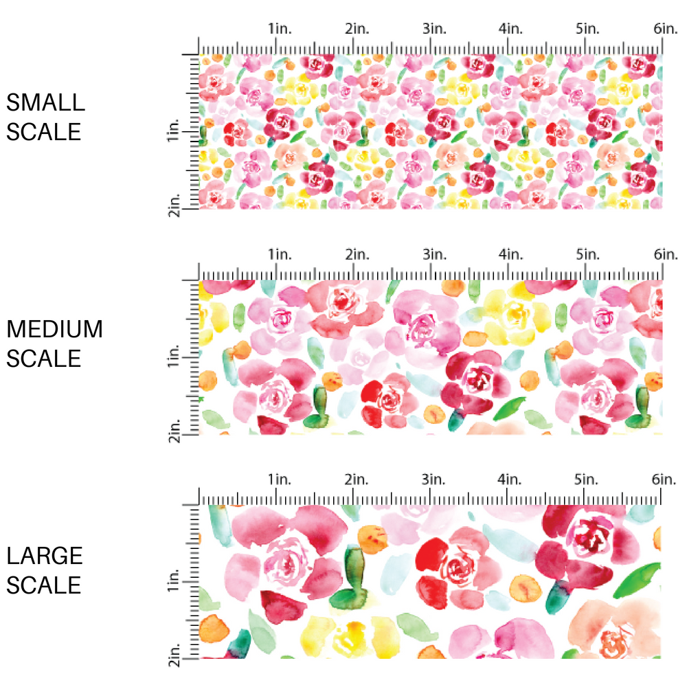 White fabric by the yard scaled image guide with pink, yellow, orange and red flowers