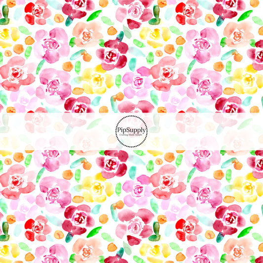 White fabric by the yard with pink, yellow, orange and red flowers- Spring Easter Fabric 