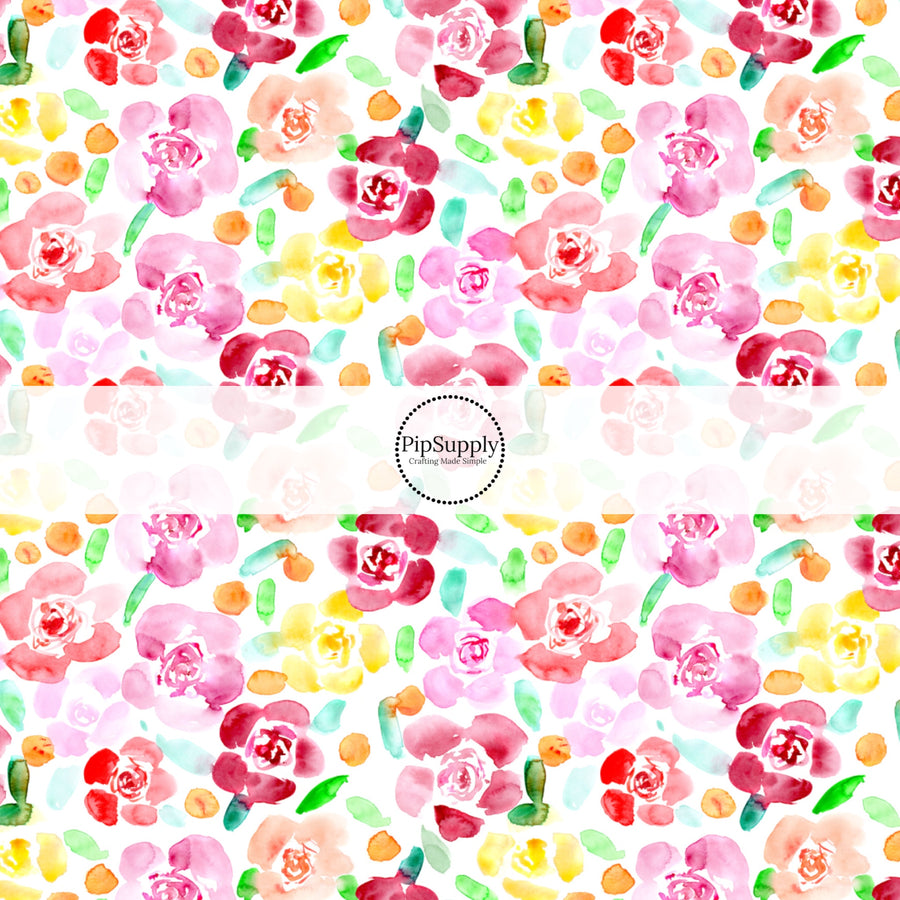 White fabric by the yard with pink, yellow, orange and red flowers- Spring Easter Fabric 