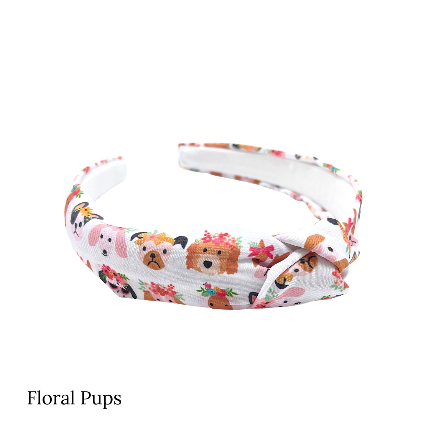 White fabric knotted headband with spring floral crown dogs pattern designed by Hey Cute Deisgn.