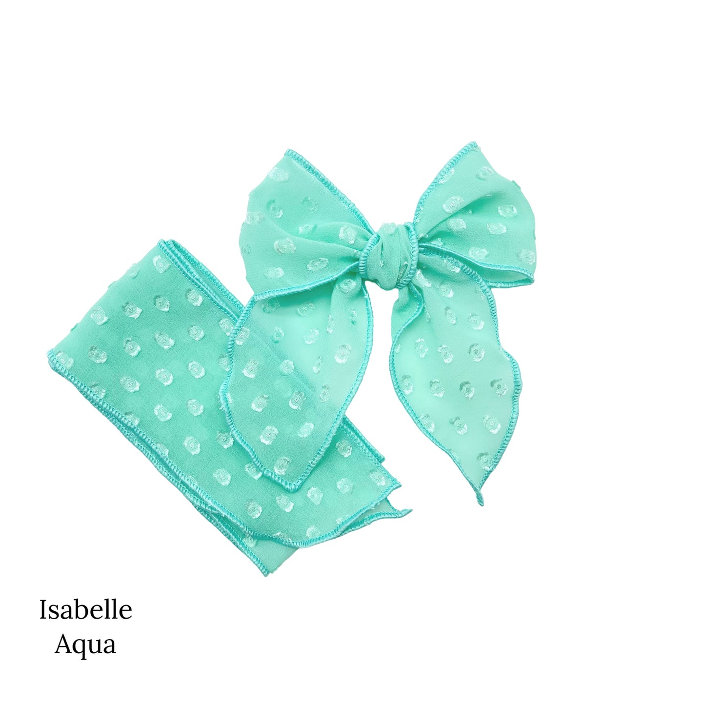 Spring frayed dot fabric bow strips. Aqua colored serger style bow strip.