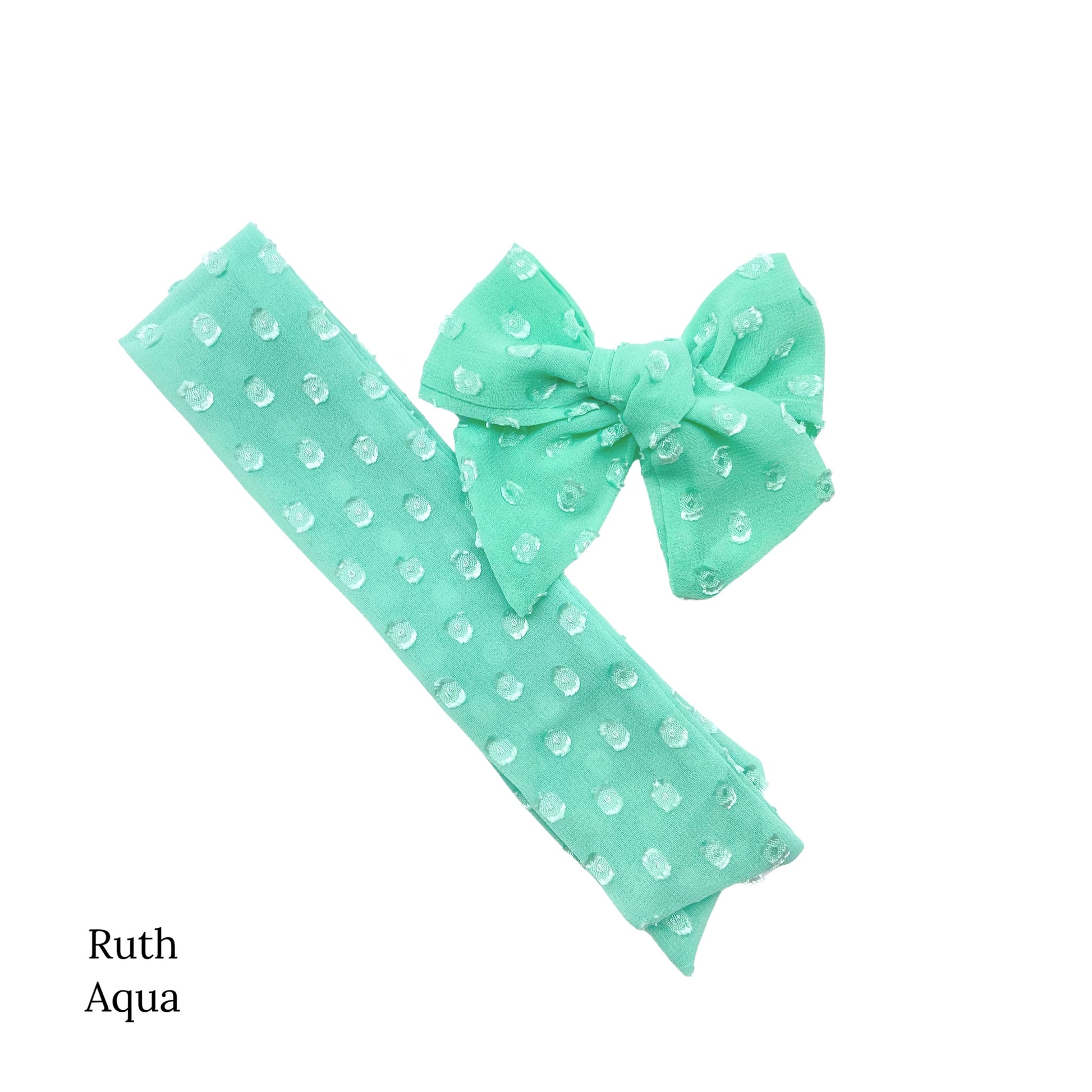 Spring frayed dot fabric bow strips. Aqua colored sailor style bow strip.