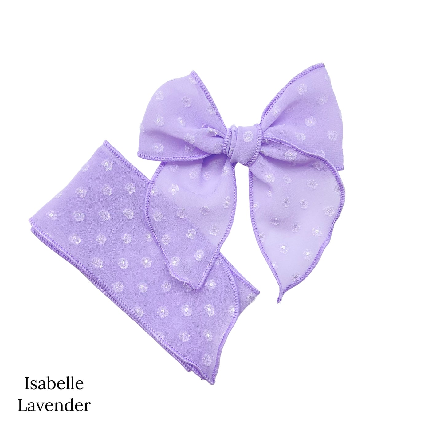 Spring frayed dot fabric bow strips. Lavender colored serger style bow strip.