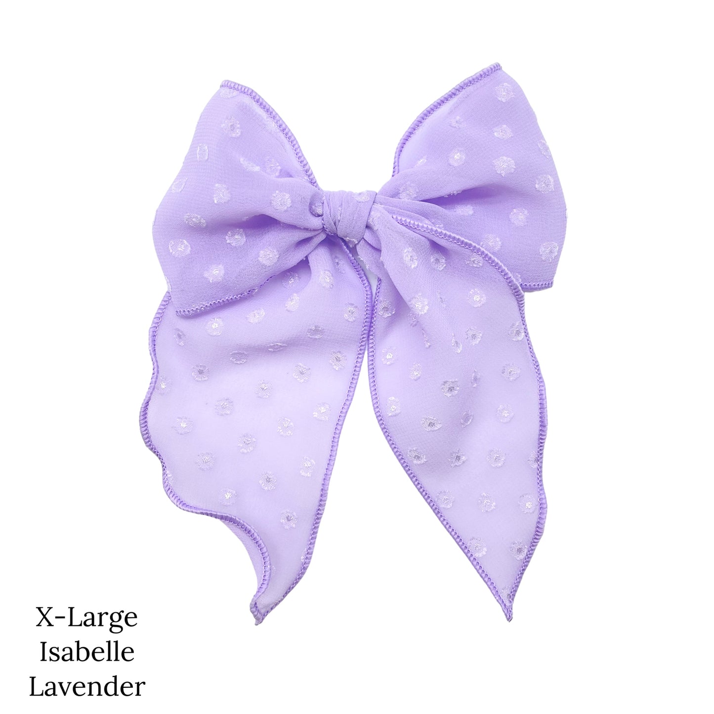 Spring frayed dot fabric bow strips. Lavender colored X-large serger style bow strip.