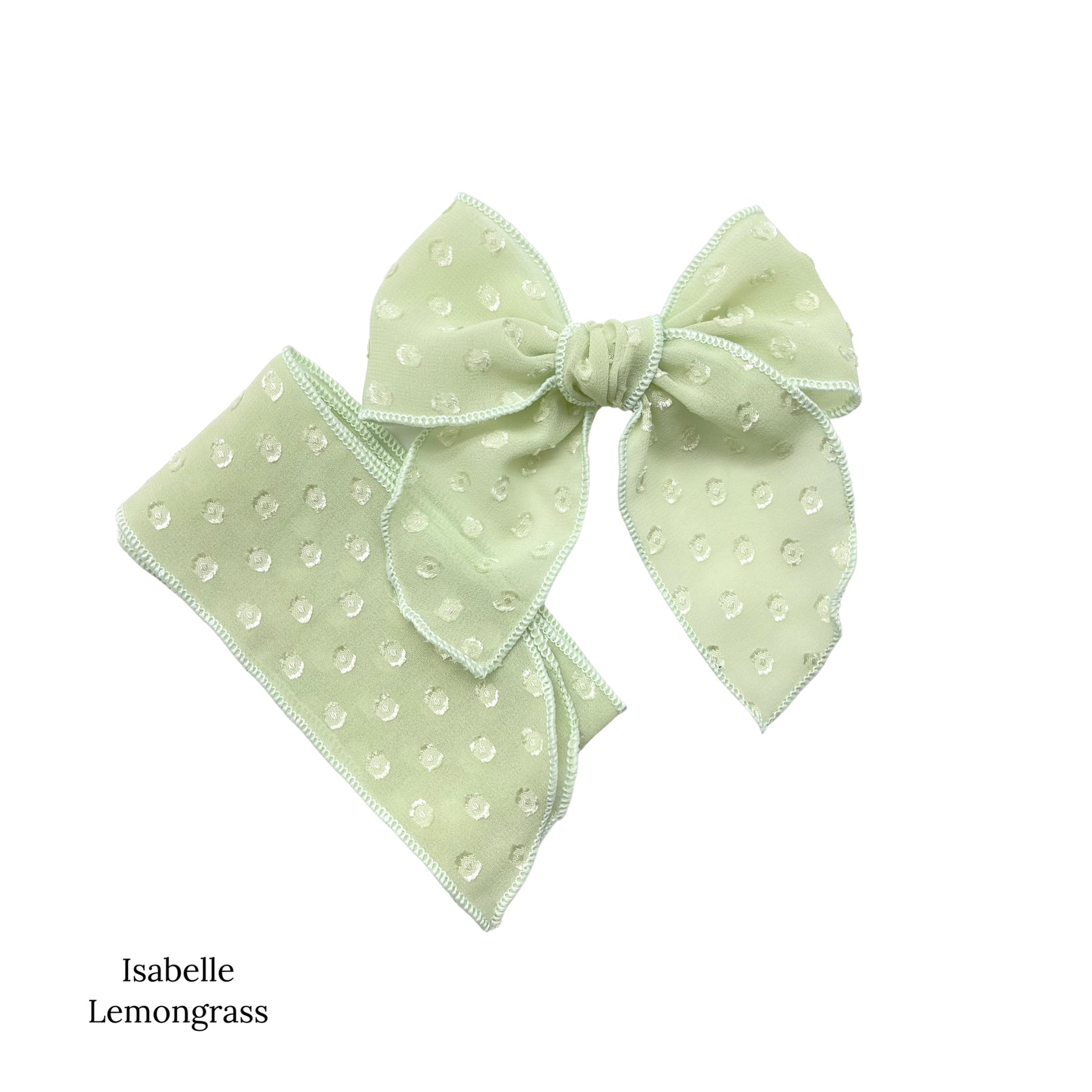 Spring frayed dot fabric bow strips. Lemongrass colored serger style  bow strip. 