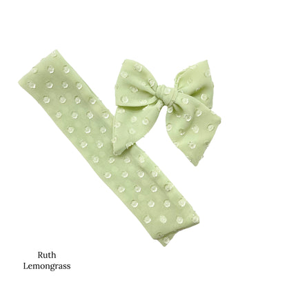 Spring frayed dot fabric bow strips. Lemongrass colored sailor style bow strip. 