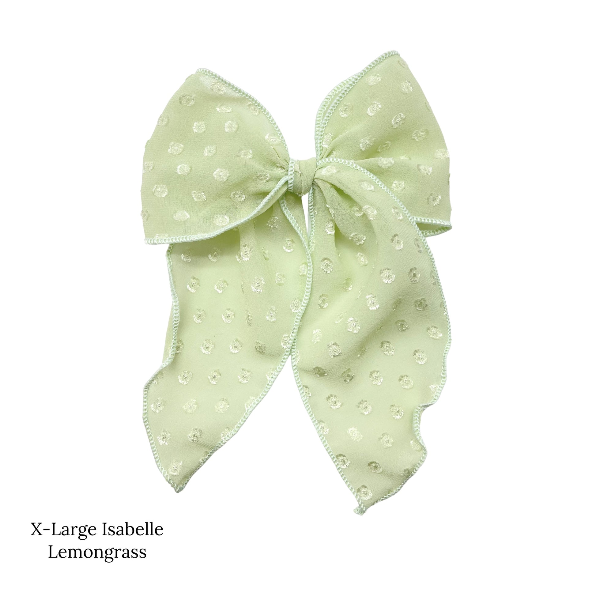 Spring frayed dot fabric bow strips. Lemongrass colored X-large serger style  bow strip. 