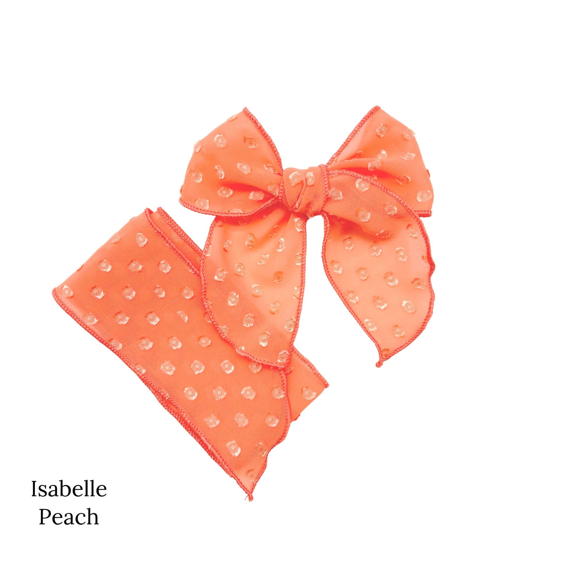 Spring frayed dot fabric bow strips. Peach colored serger style bow strip.