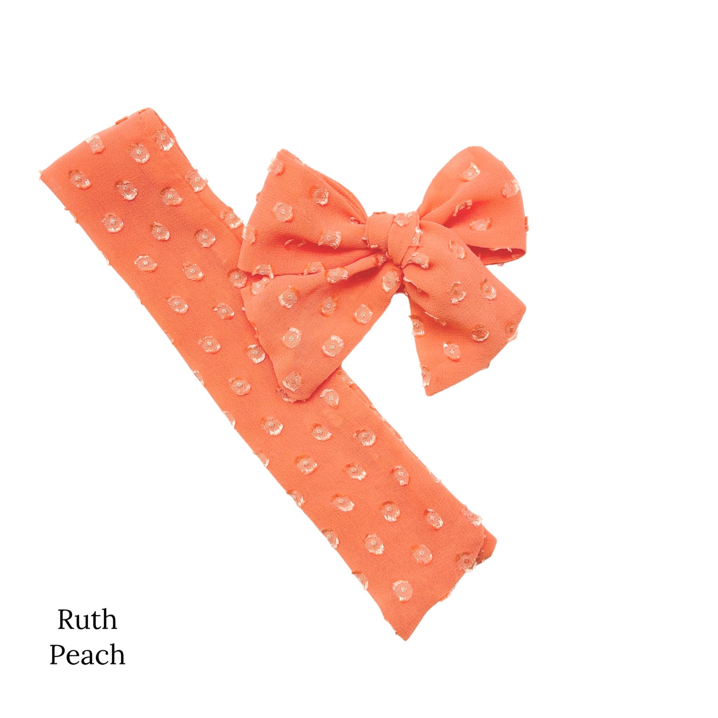 Spring frayed dot fabric bow strips. Peach colored sailor style bow strip.