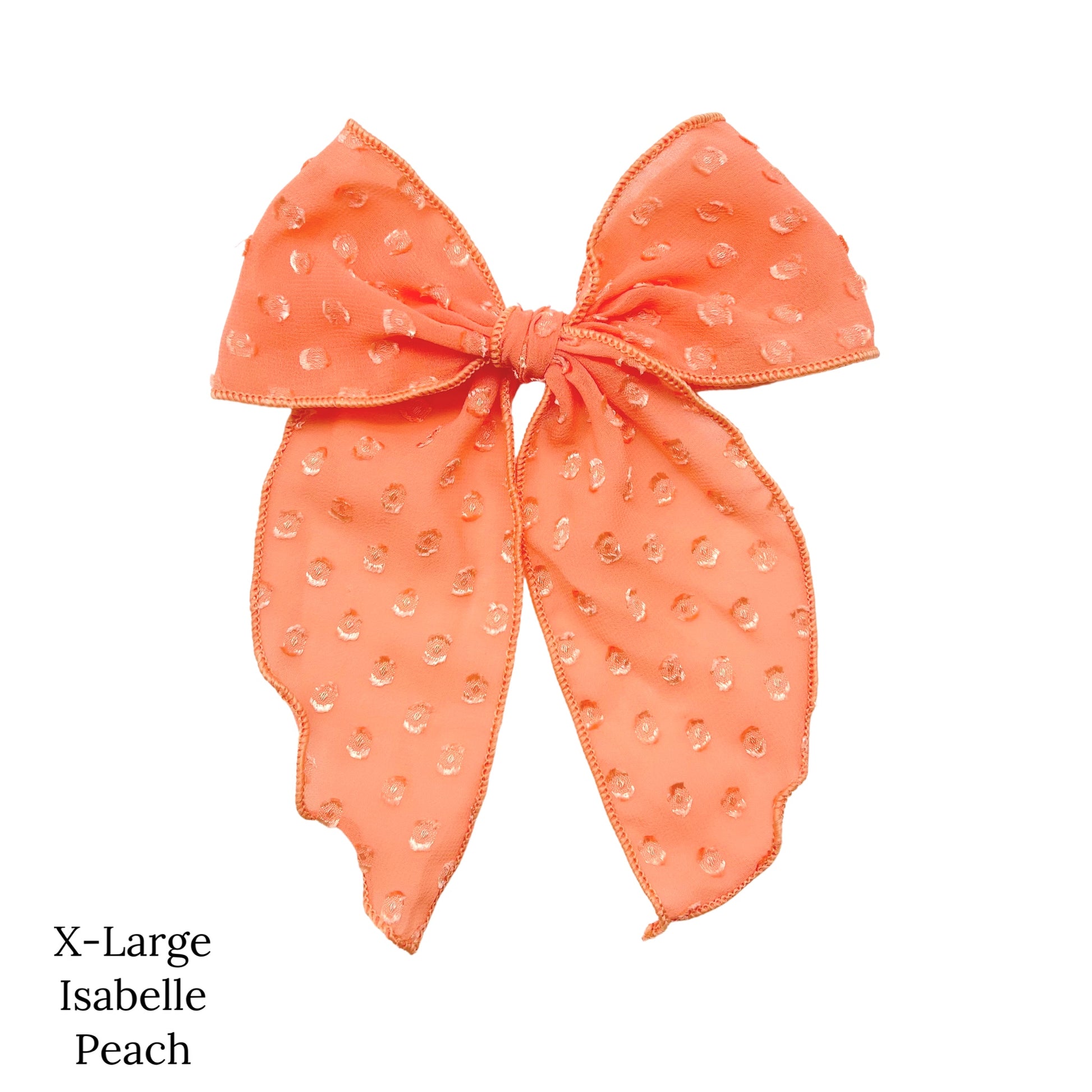 Spring frayed dot fabric bow strips. Peach colored X-large serger style bow strip.