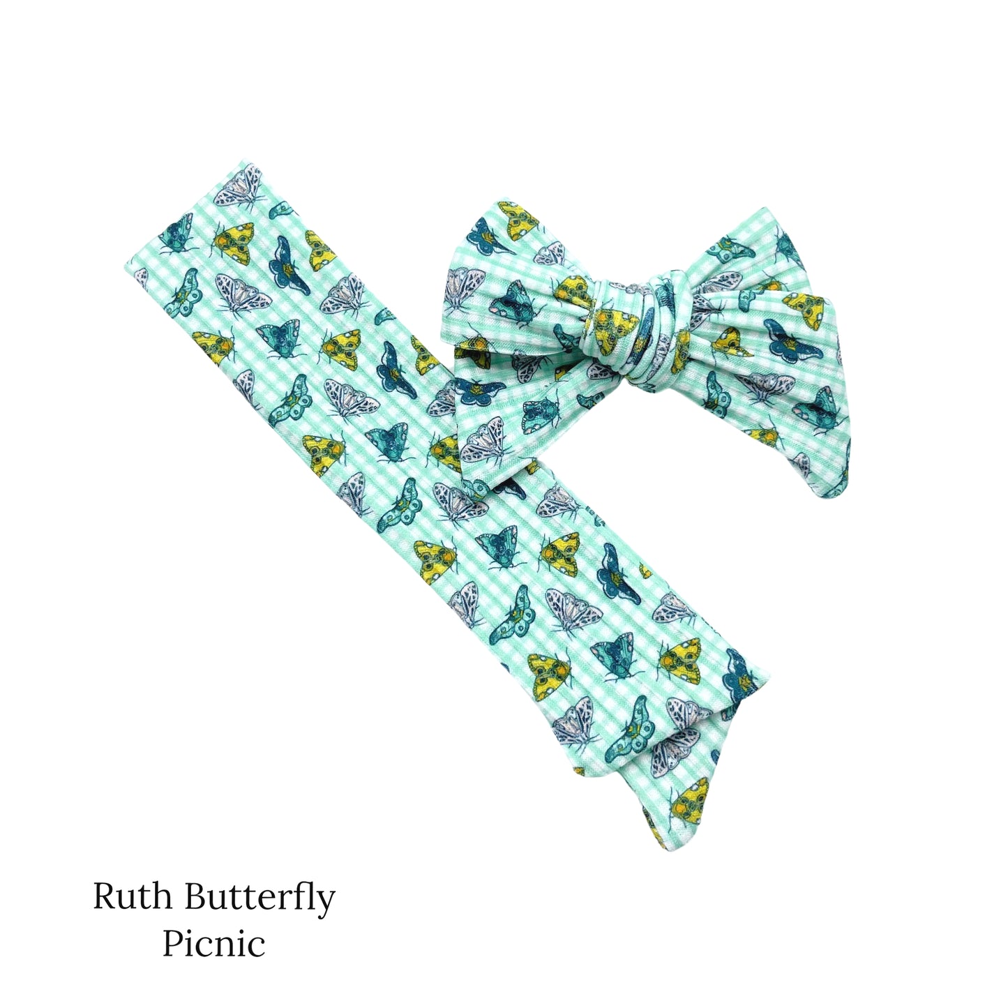 Spring meadow pattern bow strips. Butterfly picnic print sailor style bow strip. 