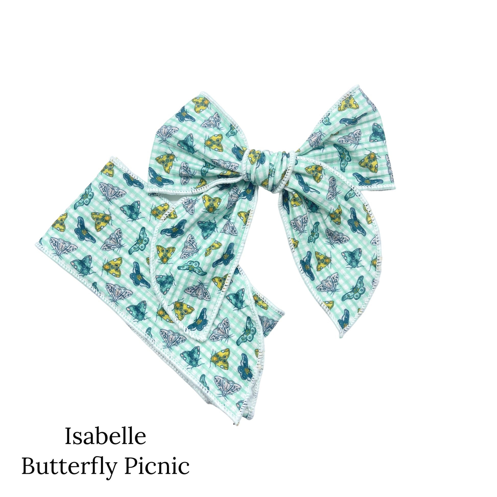 Spring meadow pattern bow strips. Butterfly picnic print serger style bow strip. 