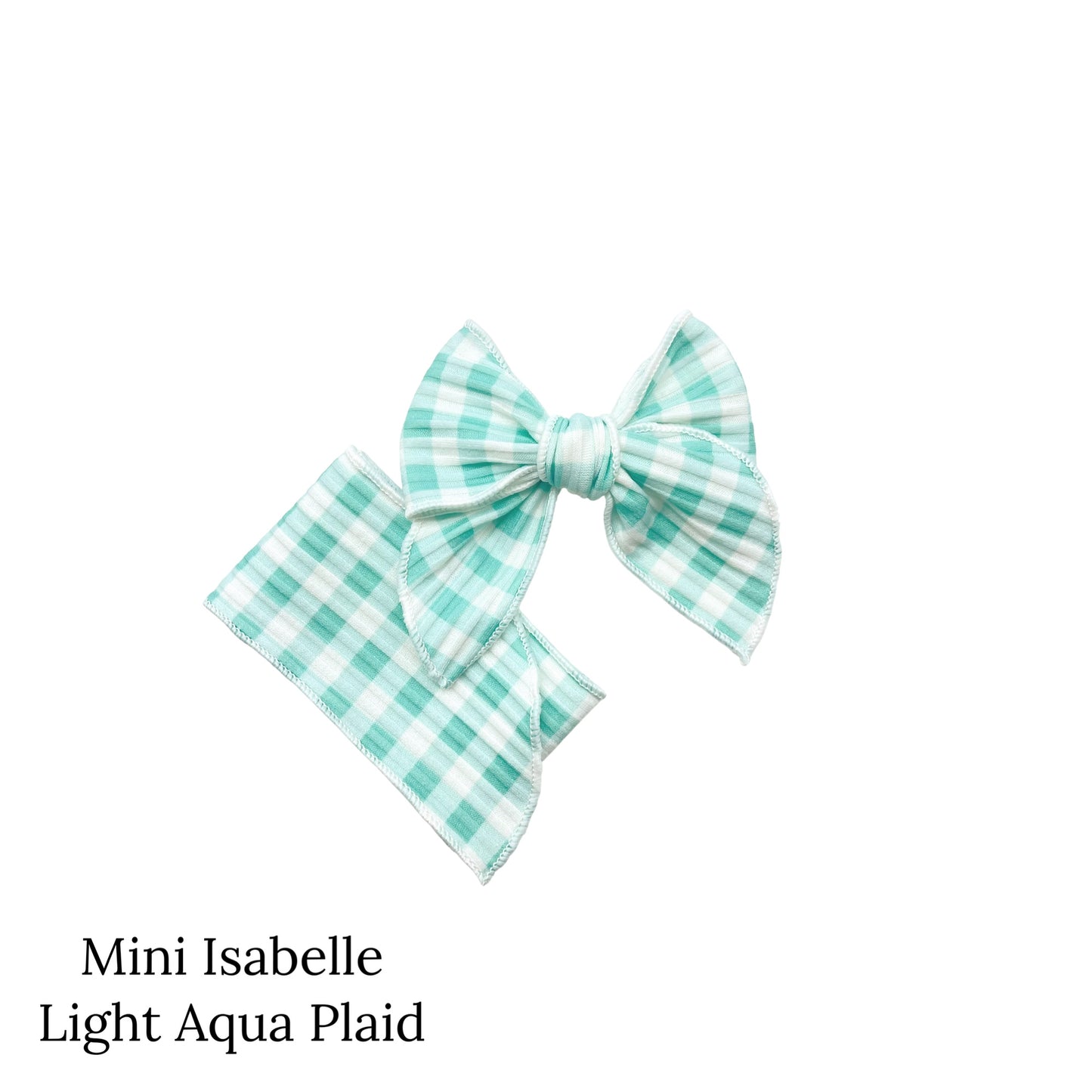 Spring meadow pattern bow strips. Light aqua plaid print mini serger style bow strip. 