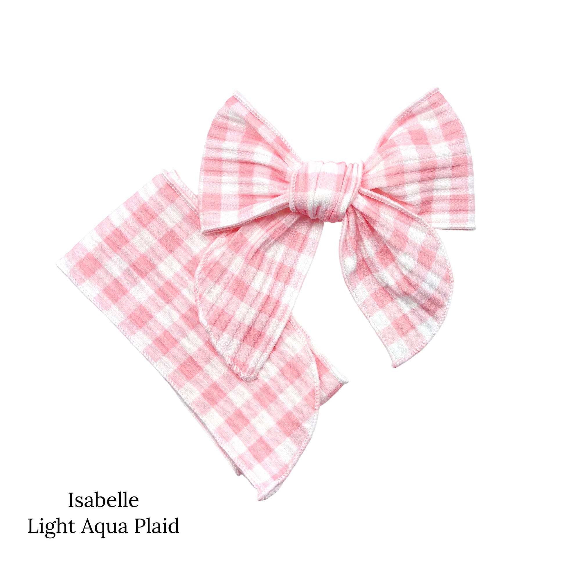 Spring meadow pattern bow strips. Light pink plaid print serger style bow strip. 