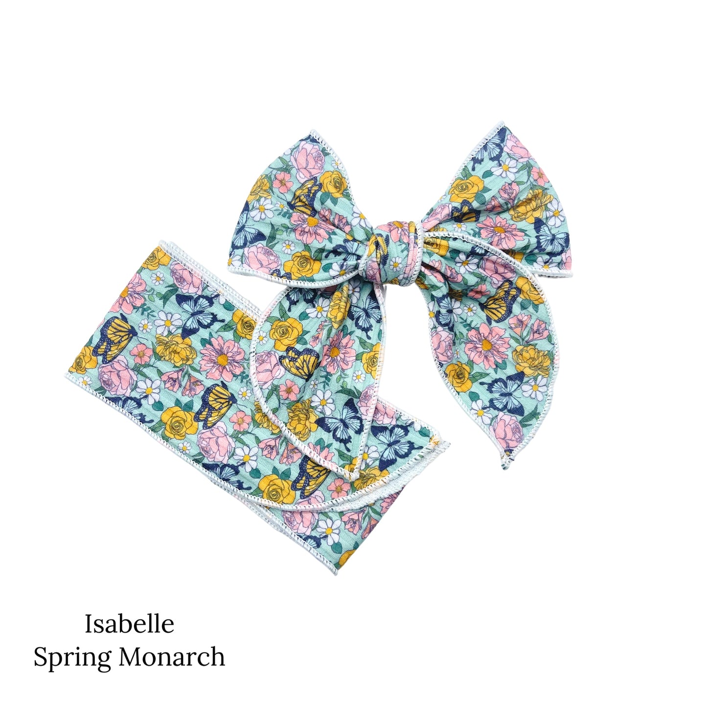 Spring meadow pattern bow strips. Spring monarch print serger style bow strip. 