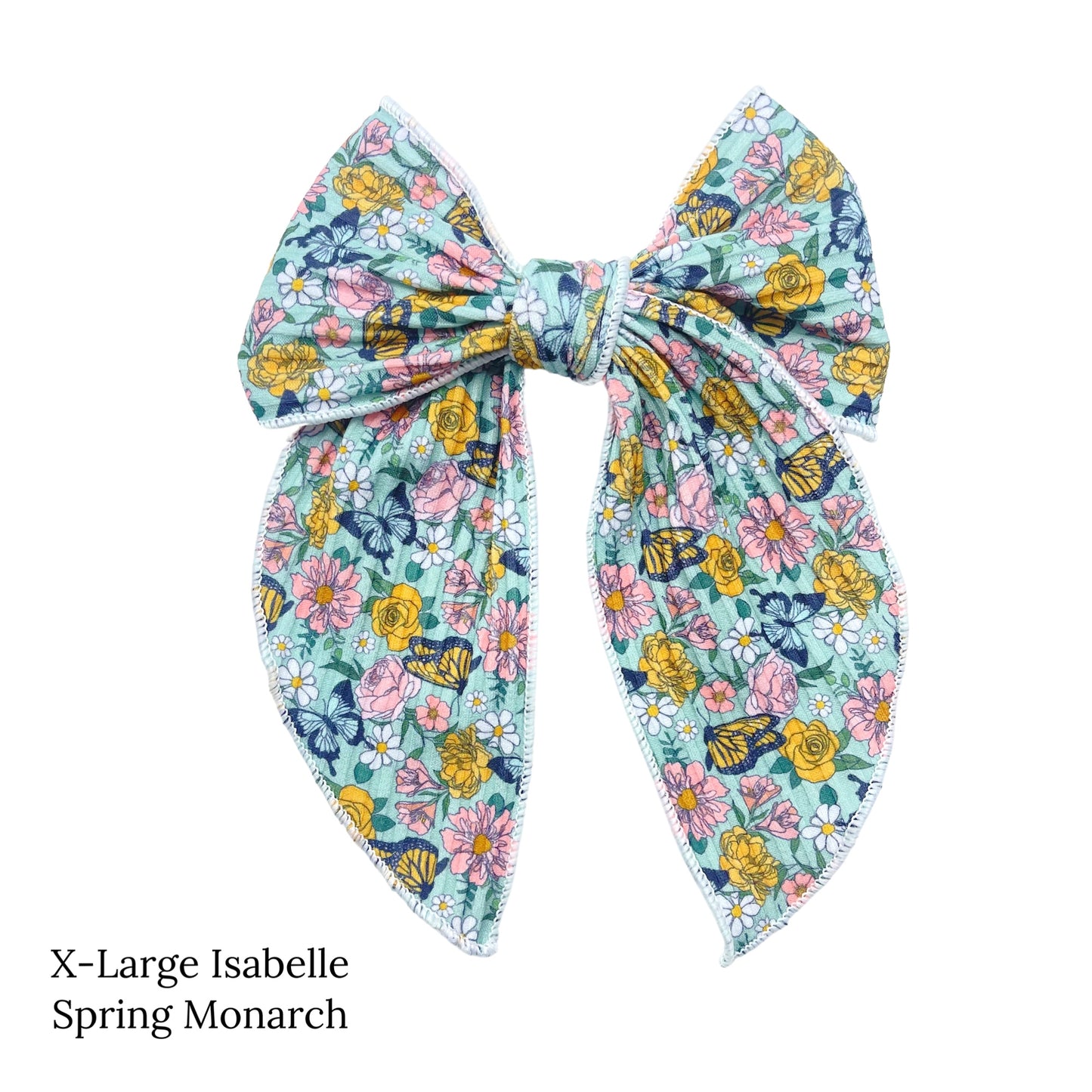 Spring meadow pattern bow strips. Spring monarch print x-large serger style bow strip. 