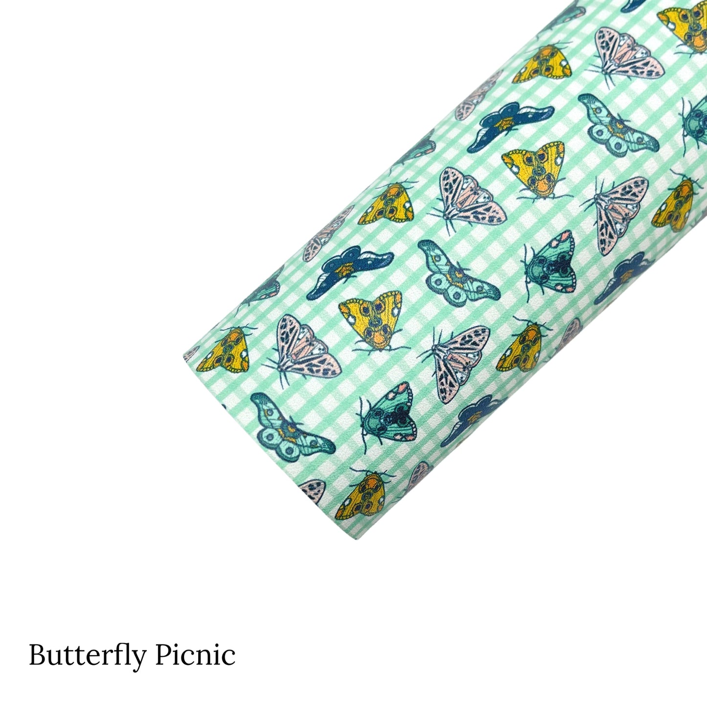 Spring meadow pattern faux leather sheets. Butterfly picnic pattern faux leather sheet. 