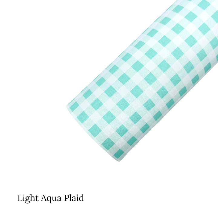 Spring meadow pattern faux leather sheets. Light aqua plaid pattern faux leather sheet. 