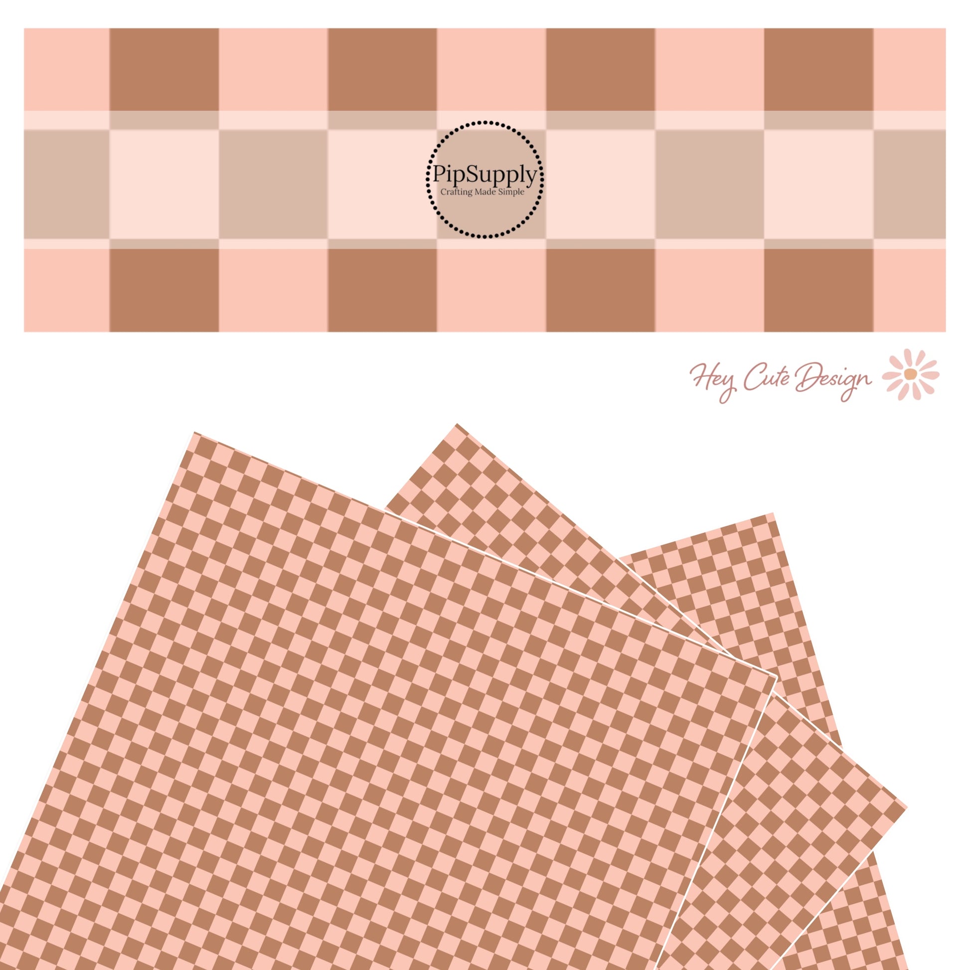 Light Brown and Peach Gingham Plaid Faux Leather Sheet - Peach